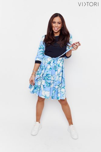 STEPHANIE round-neck puff-sleeve dress (navy and floral print)