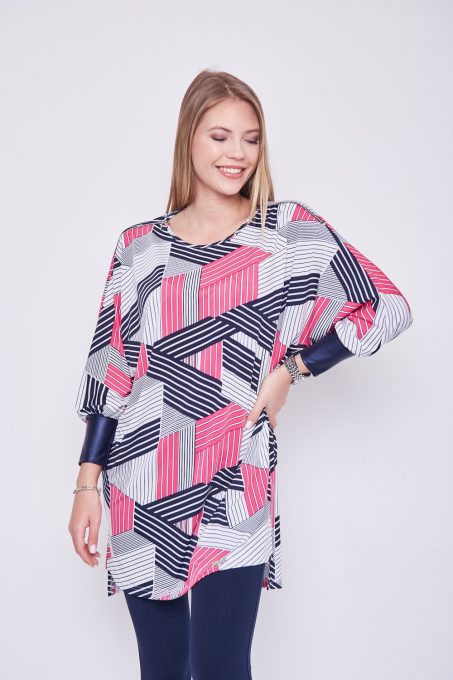 VALERIE zipped leather-cloth-yoke tunic (black, white and red print)