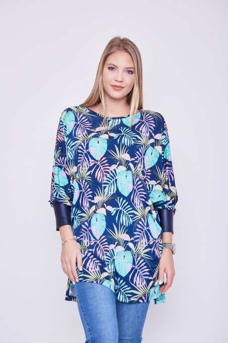 VALERIE zipped leather-cloth-yoke tunic (navy and leaf-print)