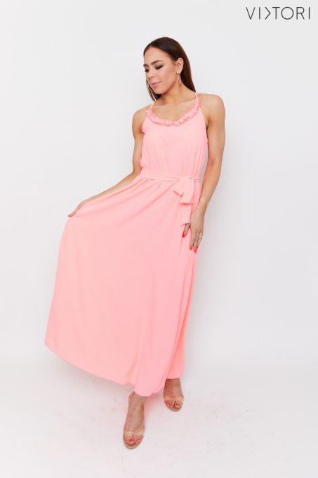 INEZ V-neck long dress with ruffles (neon pink)
