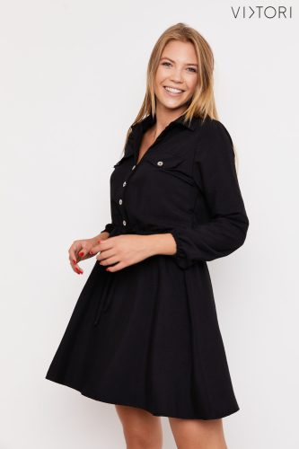 BLAIR Point-collar puff-sleeve dress with patch-pockets (black)