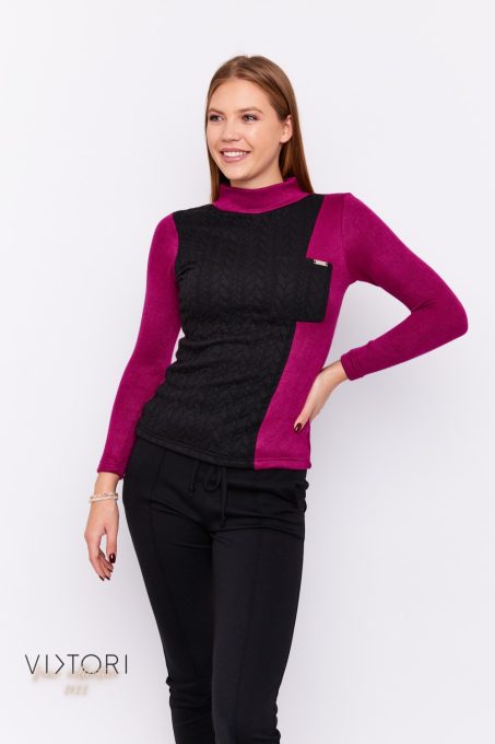CARLYNN High-neck knit sweater with pocket (black-purple)