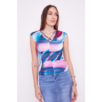   Doloris női póló, V-nyakú pántos női felső,mintás,XL, Tara x Viktori, Young & Free Kollekció