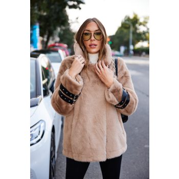   Baddie women's faux fur winter coat, oversized, with leatherette straps, Tara x Viktori, Young & Free Collection