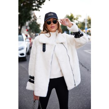   Baddie women's faux fur winter coat, oversized, with leatherette straps, Tara x Viktori, Young & Free Collection