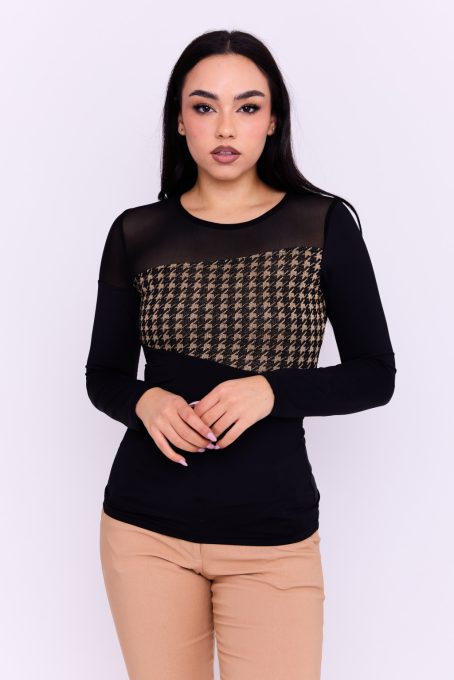 Deniza női póló necc betétes alkalmi póló, fekete-arany, M ,Tara x Viktori, Young & Free Collection