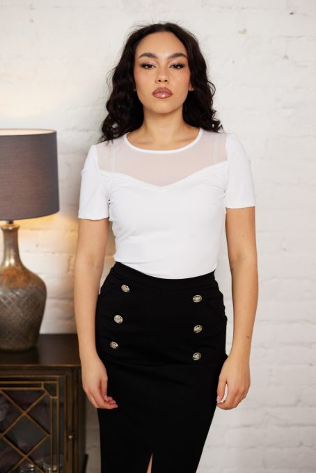 Borbia women’s top – mesh-detailed, short-sleeve, fitted elegant T-shirt,Tara x Viktori, Young & Free Collection