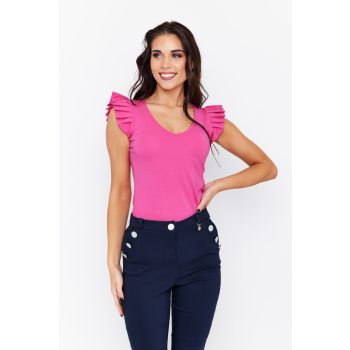   Smaragd női póló rakott vállú, V-nyakú női póló,pink,L,Tara x Viktori