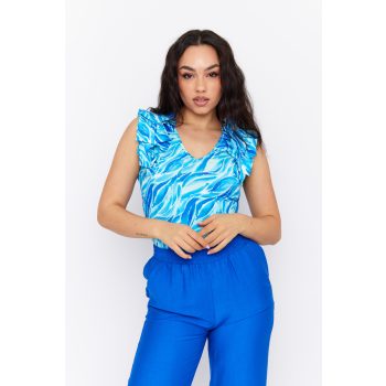   HANNA női V-nyakú póló rakott vállal,mintás,L,Tara X Viktori