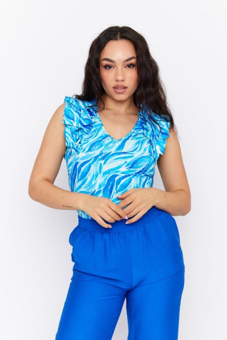 HANNA női V-nyakú póló rakott vállal,mintás,L,Tara X Viktori