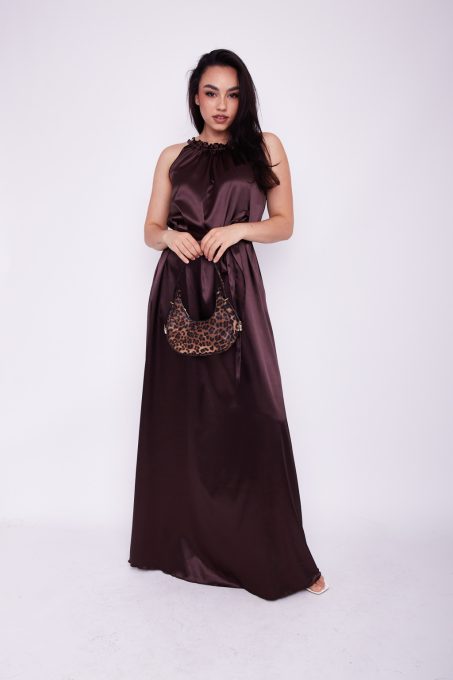 Miami női ruha, húzott nyakú maxi ruha,barna,Tara x Viktori, Young & Free Kollekció