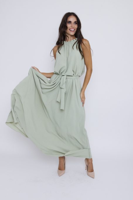 Miami női ruha, húzott nyakú maxi ruha,zöld,Tara x Viktori, Young & Free Kollekció