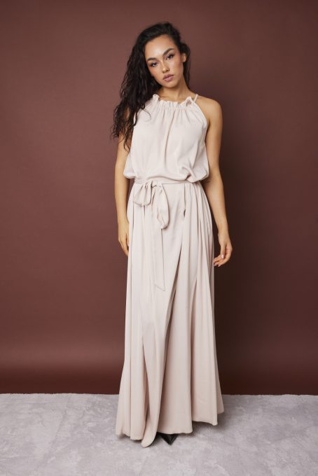 Miami női ruha, húzott nyakú maxi ruha,bézs,Tara x Viktori, Young & Free Kollekció
