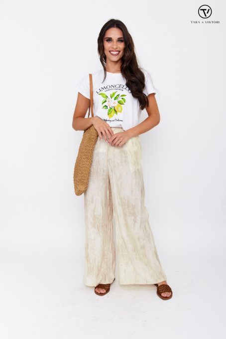 SYDNEY bő szárú női nyári nadrág – természetes hatású, lenge viselet,bézs,M-L,YOUNG & FREE