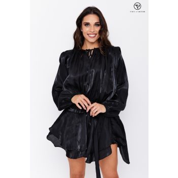   Sophie hosszú ujjú ruha – elegáns, fényes, fodros egyberuha,fekete,one size