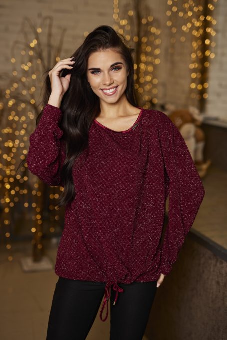 VIGO-kereknyakú női tunika húzott aljjal,bordó csillogós,S-M,Tara X Viktori,Young&Free Kollekció