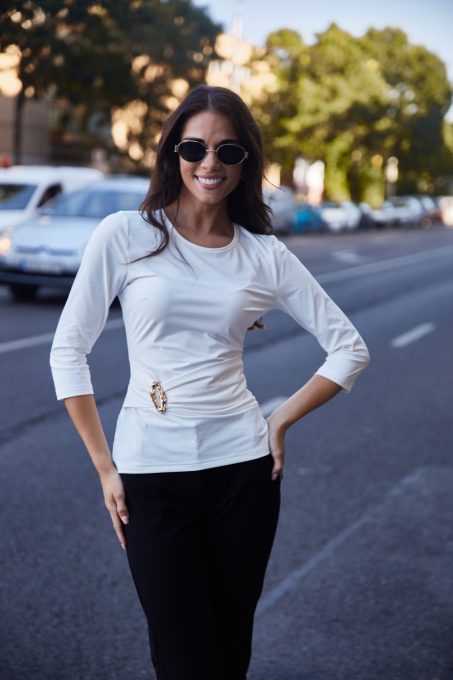 Michelle women's twist waist top with decorative buckle