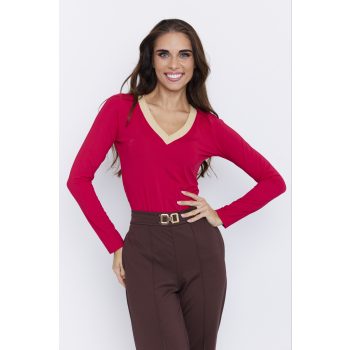 Trudy women's V-neck top with  trim and fitted hem