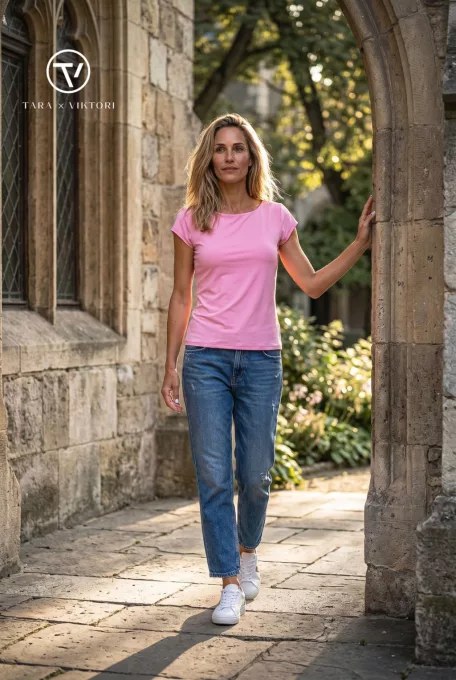 Celine női póló, kerek nyakú testhezálló női felső,rózsaszín ,XL,Tara x Viktori, Young & Free Kollekció