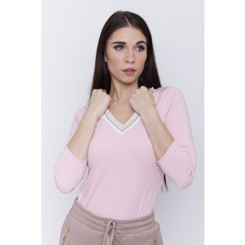 Trudy women's V-neck top with  trim and fitted hem