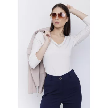 Trudy women's V-neck top with  trim and fitted hem