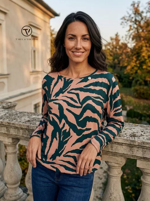 VIGO női felső – kerek nyakú, húzott aljú fazon,mintás,L,YOUNG&FREE Kollekció