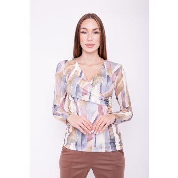   Nefrit női póló átlapolt és ráncolt részletekkel, V-nyakú kivágással,mintás,S, Tara x Viktori