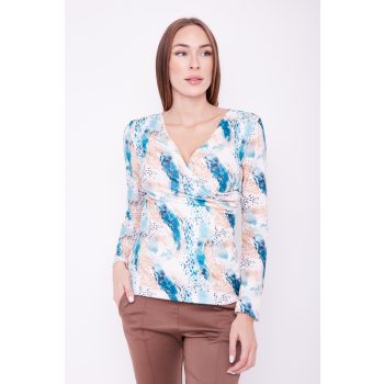   Nefrit női póló átlapolt és ráncolt részletekkel, V-nyakú kivágással,mintás, M, Tara x Viktori