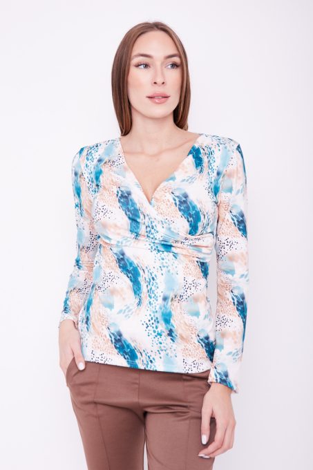 Nefrit női póló átlapolt és ráncolt részletekkel, V-nyakú kivágással,mintás, M, Tara x Viktori