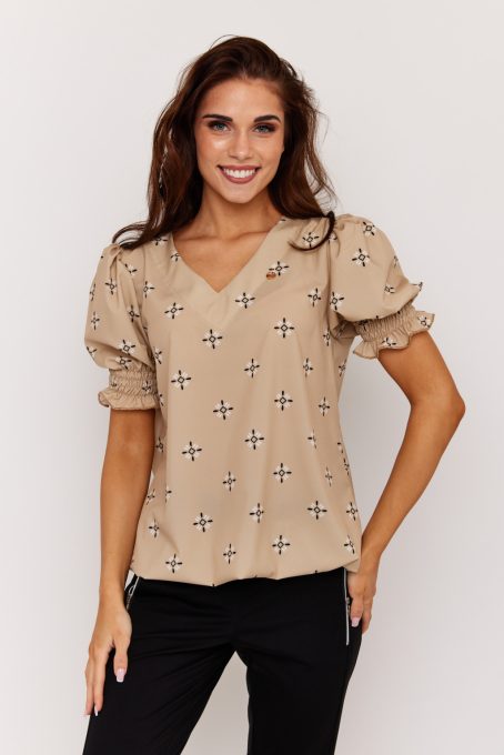 Pomona női blúz, V-kiváságú cérnagumizott ujjú gumis aljú női felső,mintás,S-M,Tara x Viktori