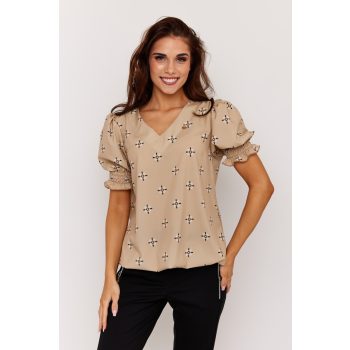   Pomona női blúz, V-kiváságú cérnagumizott ujjú gumis aljú női felső,mintás,L-XL,Tara x Viktori