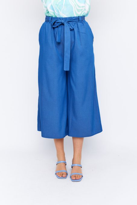 BERYL blue palazzo pants for women – wide-leg summer trousers with elastic waist and linen-effect fabric