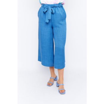   BERYL blue palazzo pants for women – wide-leg summer trousers with elastic waist and linen-effect fabric