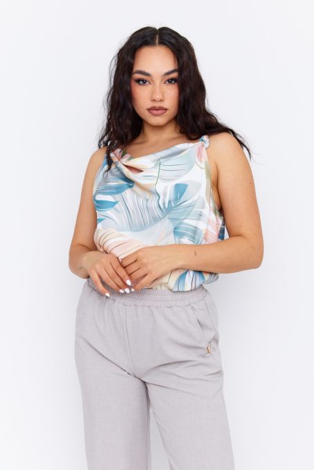 TIERA women's sleeveless top with tie straps and draped neckline – patterned