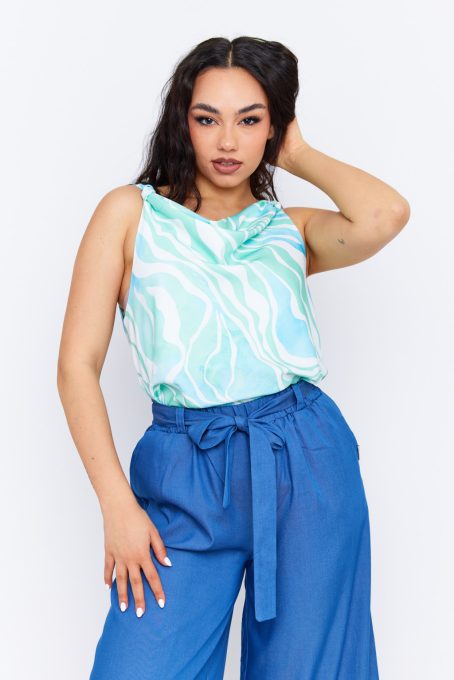 TIERA women's sleeveless top with tie straps and draped neckline – patterned