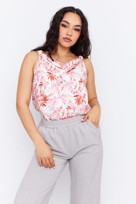 TIERA women's sleeveless top with tie straps and draped neckline – patterned