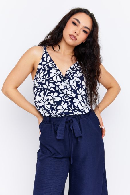 TIERA women's sleeveless top with tie straps and draped neckline – patterned