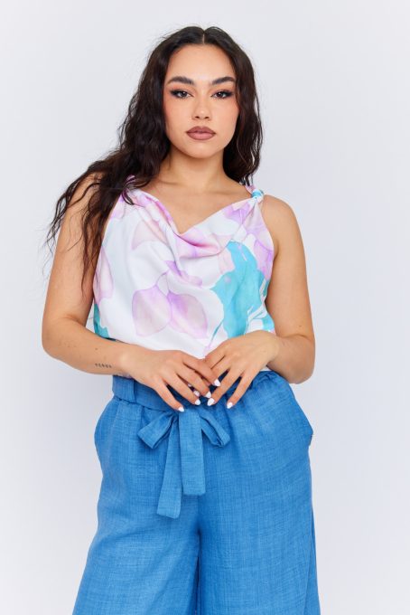 TIERA women's sleeveless top with tie straps and draped neckline – patterned