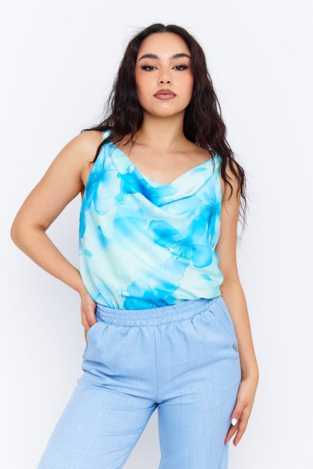 TIERA women's sleeveless top with tie straps and draped neckline – patterned