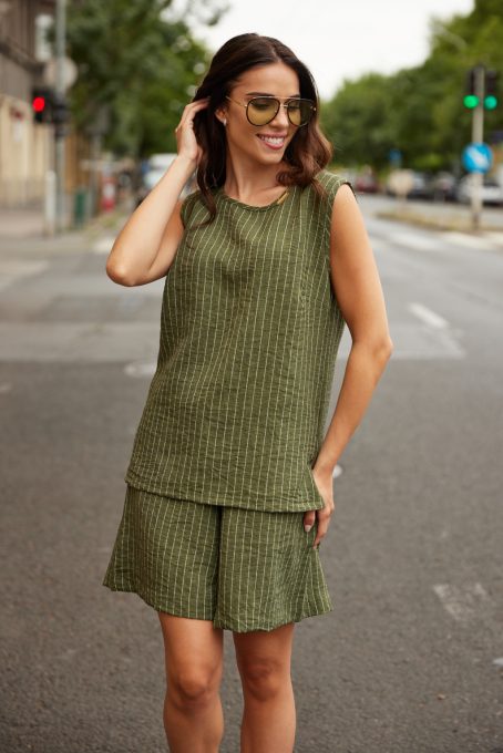 SARA női top – ujjatlan, környakas, csíkos-khaki,XL,Tara X Viktori