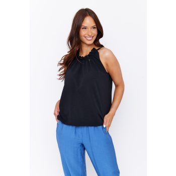   SUNNY női ujjatlan top– gumis aljú, fodros nyakú, elegáns felső,fekete,S-M,TaraxViktori