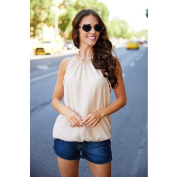   SUNNY női ujjatlan top– gumis aljú, fodros nyakú, elegáns felső,bézs,S-M,TaraxViktori