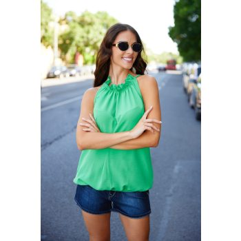   SUNNY női ujjatlan top– gumis aljú, fodros nyakú, elegáns felső,zöld,S-M,TaraxViktori