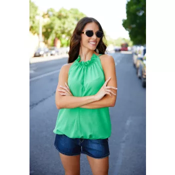   SUNNY női ujjatlan top– gumis aljú, fodros nyakú, elegáns felső,zöld,L-XL,TaraxViktori