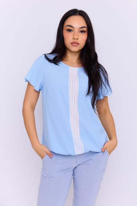 Tallula női blúz csipkebetéttel és gumis aljjal – elegáns, rövid ujjú felső,kék,L,Tara X Viktori