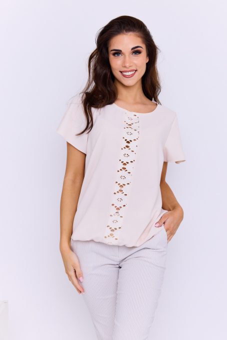 Tallula női blúz csipkebetéttel és gumis aljjal – elegáns, rövid ujjú felső,púder,XL,Tara X Viktori