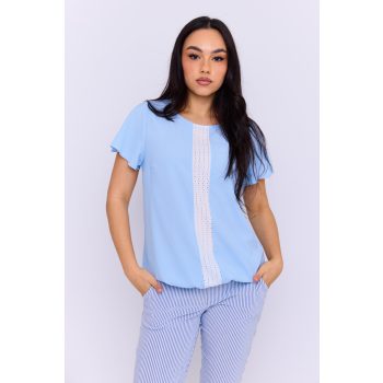   Tallula női blúz csipkebetéttel és gumis aljjal – elegáns, rövid ujjú felső,kék,S,Tara X Viktori