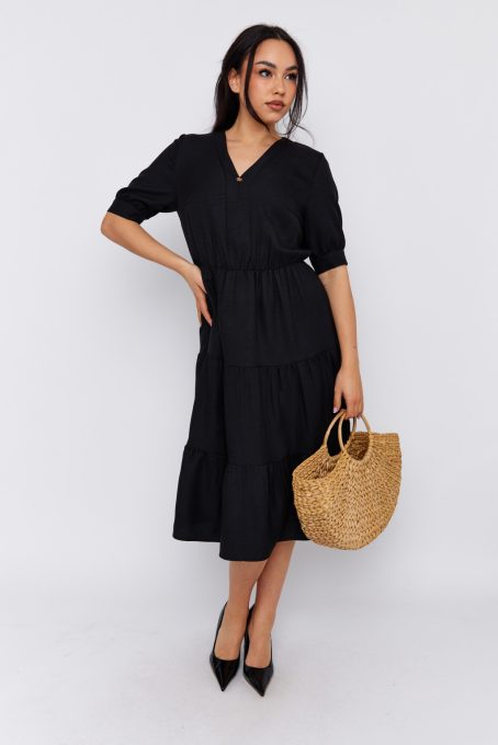 Muse női ruha V-nyakú gumis derekú ruha,fekete,S,Tara x Viktori