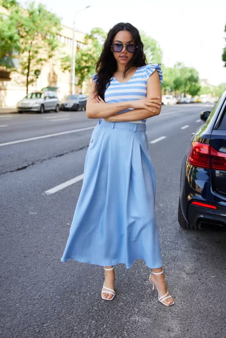 KARIN A-vonalú hosszú női szoknya zsebekkel és gumis hátrésszel,világoskék,S,Tara X Viktori