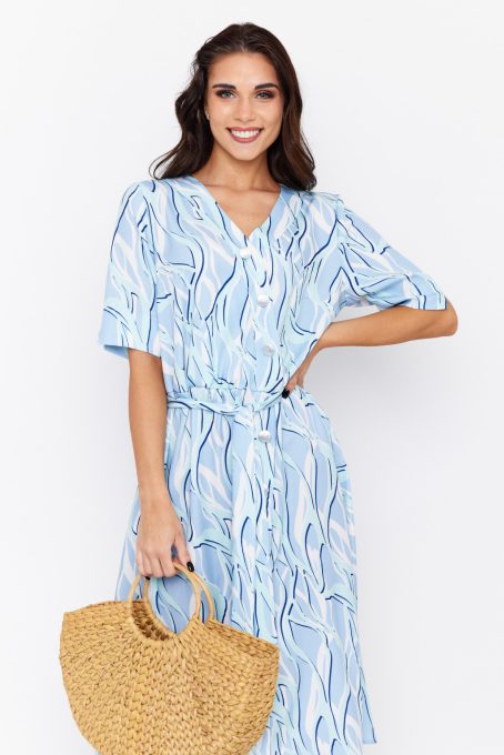 Sofi women’s dress – V-neck wrap dress with button front, elastic waist and belt